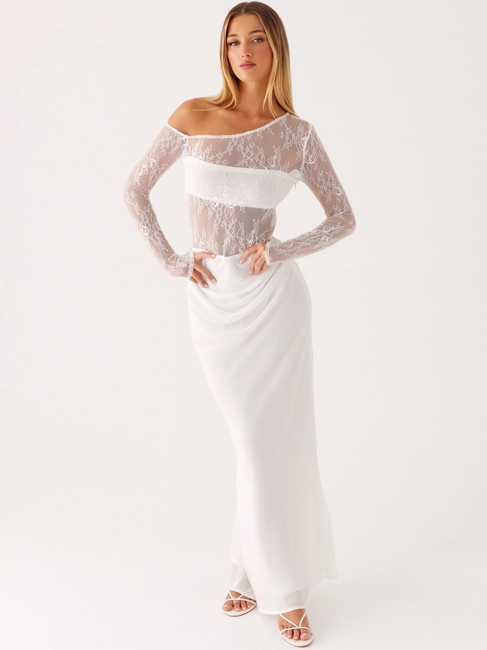 Peppermayo White Off-Shoulder Lace Maxi Dress